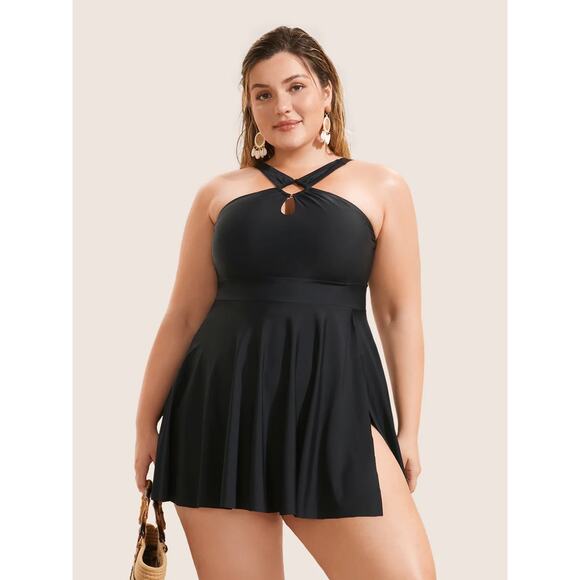 3X 22 24 Plus Size BloomChic Tankini Halter Cut Out Swim Dress Top no bottom - Picture 1 of 5